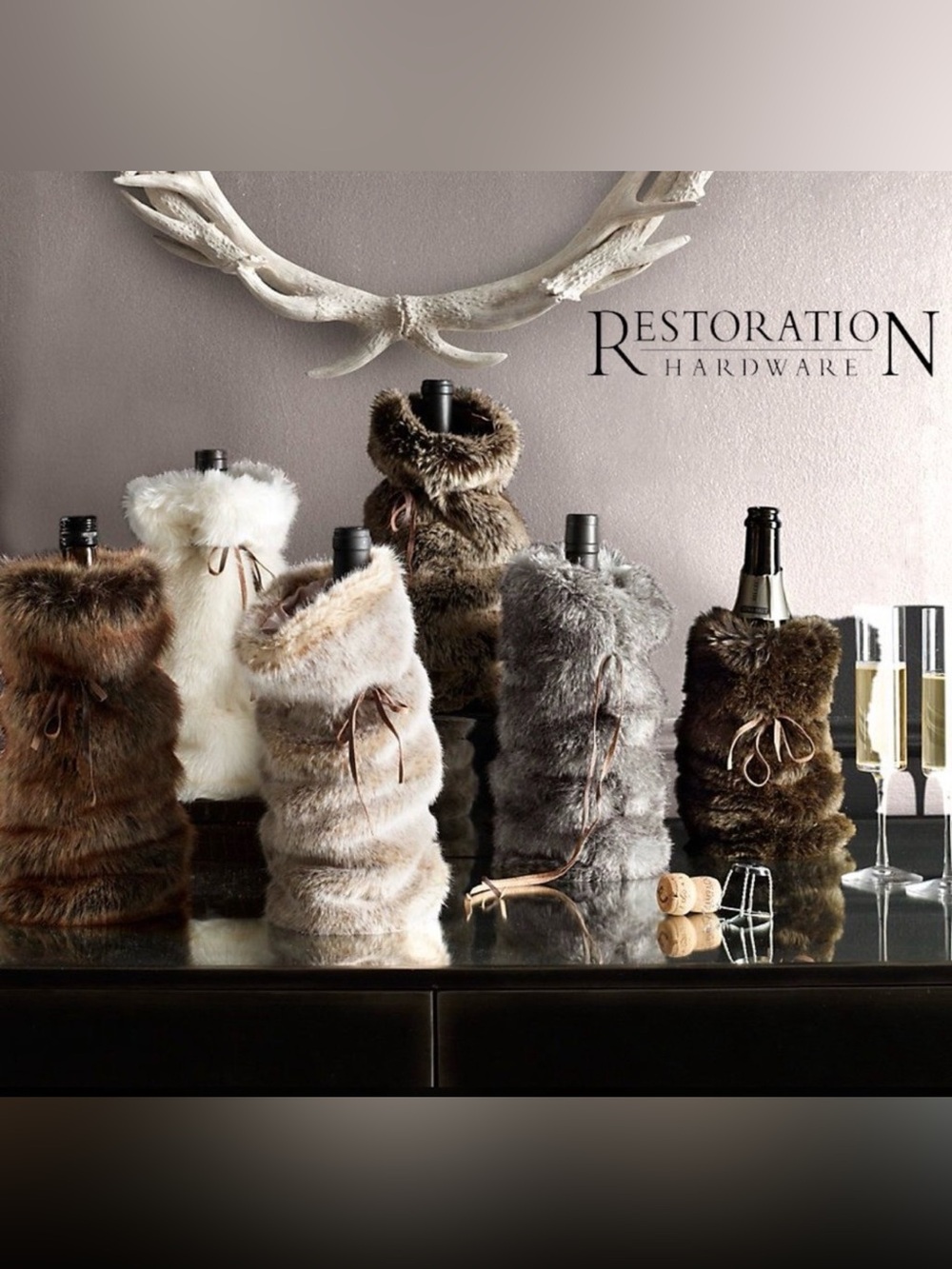 NWT Restoration Hardware RH Faux Fur 🍷 Wine Bottle Cover Great for Gifting/Decor